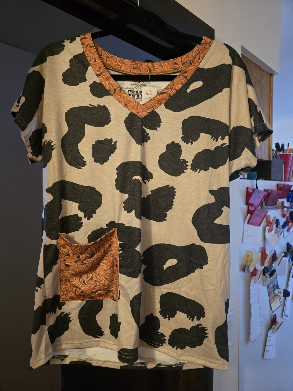Crazy Train Beige Tee with Black Leopard Print and Orange Trim